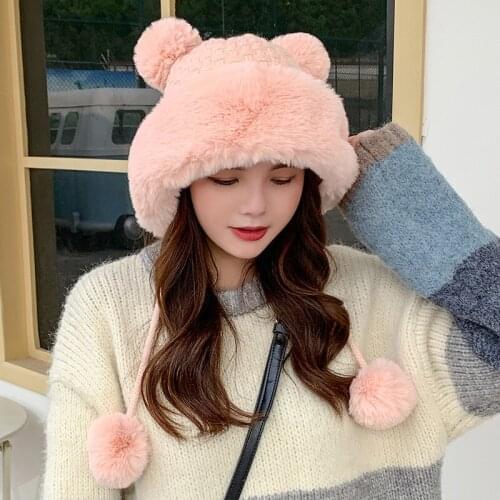 New Autumn and Winter Womens Hats Plush Ball Fluffy Hooded Hats Thick and Warm Cute Woolen Knit Hat Ladies Panama Bucket Hat