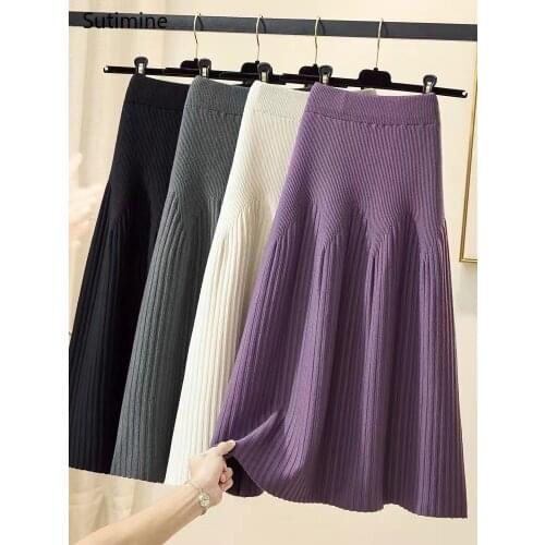 2021 Autumn and Winter New Season Pleated Skirt A-line Knitted Skirt Sweater Skirt Empire Mid-Calf White Woman Skirts