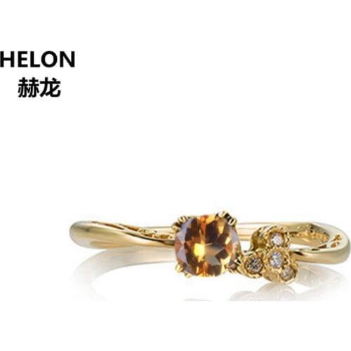 Natural Diamonds Engagement Ring Solid 14k Yellow Gold Wedding Ring for Women 4MM Round Cut Citrine Fine Jewelry Trendy Retro