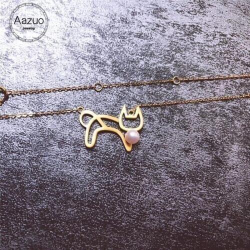Aazuo Real 18K Yellow Gold Natural Akoya Pearl Animal Cat Pendent Necklace gifted for Women Engagement Wedding Chain Au750