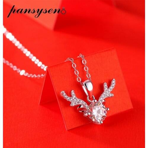 PANSYSEN Solid Silver 925 Real 1CT Moissanite Deer Shape Pendant Necklaces for Women 18K White Gold Color Wedding Fine Jewelry
