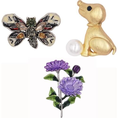 Clear Inventory Enamel Butterfly Crystal Rhinestone Insect Brooch Metal Dog Flower Leapord Pin Women Garment Accessory