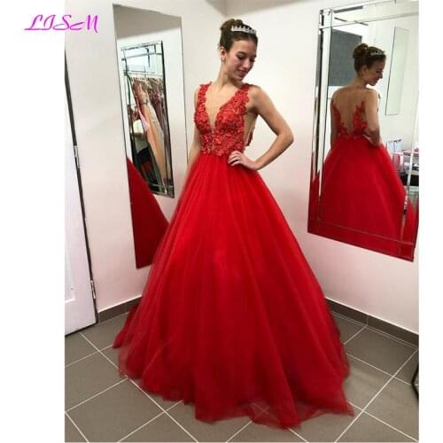 Sexy V-Neck Lace Beaded Prom Dresses A-Line 3D Flowers Long Evening Dress Red Backless Sleeveless Tulle Formal Party Gowns