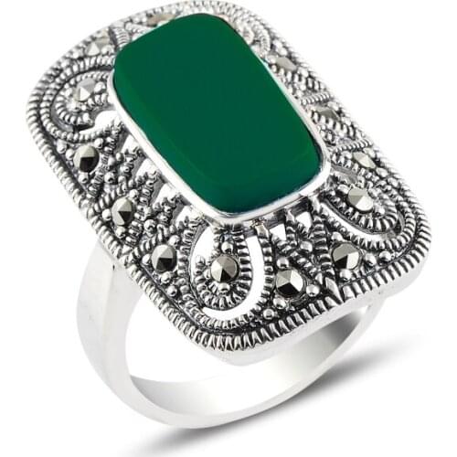 Silver 925 Sterling Green Agate & Marcasite Ring