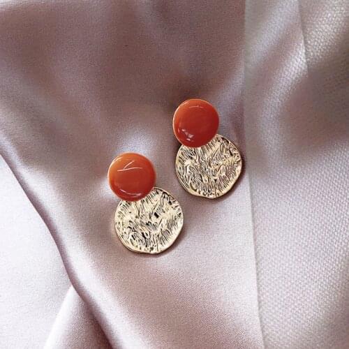 Retro Orange Round Pleated Metal Earrings for Women Vintage Gold Color Geometric Drop Dangle Earrings Statement Jewelry Gift