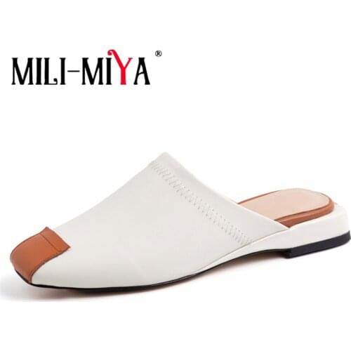 MILI-MIYA Women Square Toe Mules Slippers Genuine Leather Flat Heel Casual Holiday Outside Slides Cozy Handmade Wild Shoes 2021