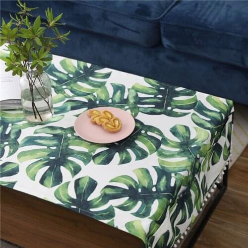 Tropical Plants Leaves Waterproof Monstera Tea Table Cloth Rectangular Tablecloth Polyester Cotton Tassel TV Cabinet Cover