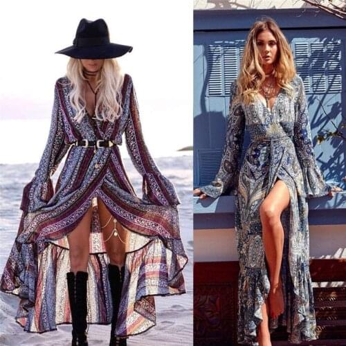 Vintage Bohemia Beach Dresses For Women Boho Floral Long Maxi Dress Loose Front Split Party Summer Beach Dress Women Cover Ups