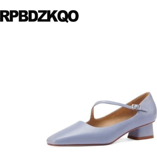 Genuine leather high heels korean low ladies fashion chunky blue luxury shoes women designers pumps strap size 33 square toe