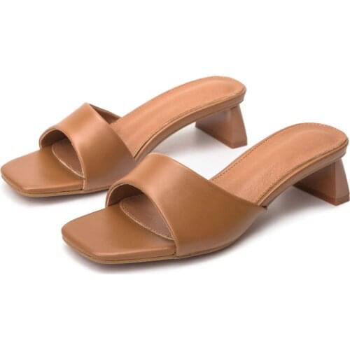 Za Shoes2021 Summer New High Quality Pu Super Fiber Leather Upper Fish Mouth Middle Heel Slippers 35-42 Womens Sandals