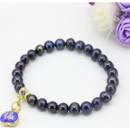 Charms Natural Black Freshwater Pearl Beads Bracelets For Women Gold-Color Cloisonne 7-8mm Bangle Weddings Jewelry 7.5inch B3118