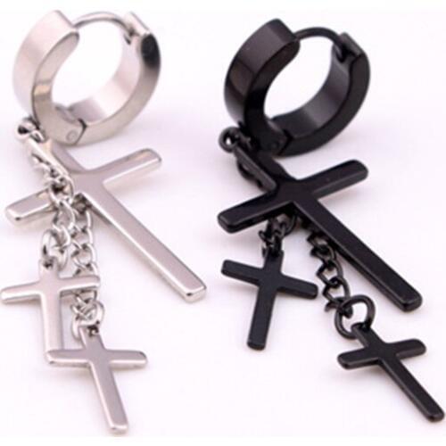 1PC Punk Stainless Steel Tassel Cross Pendant Hoop Earring Women Men Korean Personality Black Metal Color Percing EarringE362-1