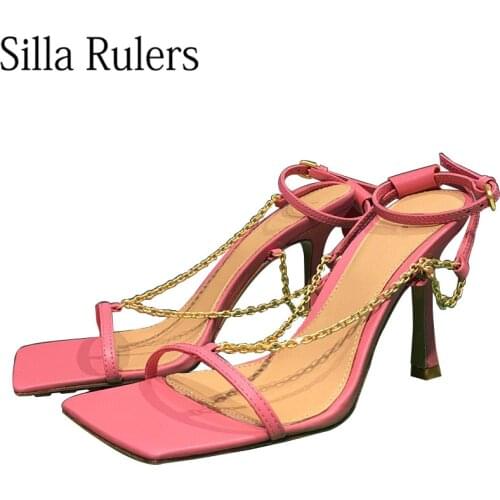 Chains Ladies Square Toe Ankle Strap Sandals Woman High Heels Genuine Leather Summer Gladiator Sandals Woman Party Shoes Women
