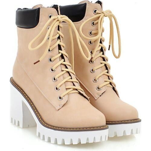 Womens Shoes Retro Lace Platform Chunky Heels Black Round Toe Zipper Fashion Boots Pumps Booties