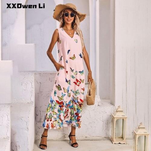 Summer Sexy Sleeveless Tank V-neck Butterfly Print Maxi Dress For Women 2021 Vest Pocket Pink Bohemian Plus Size Long Dresses