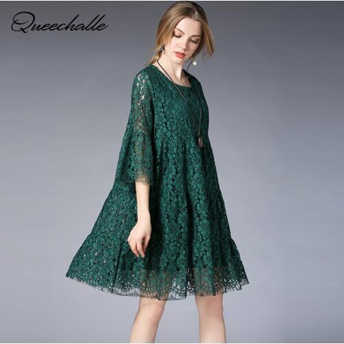 Queechalle Green Red Black Lace Dress for Women Three Quarter Hollow Out Flare Sleeve A-line Dress 3XL 4XL 5XL Sweet Party Dress