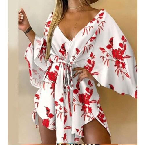 For Womens Early Autumn Sexy Deep V Neck Dresses Fashion Print Irregular Bat Sleeve Ladies Casual Loose Mini Lace Up Dress 2021