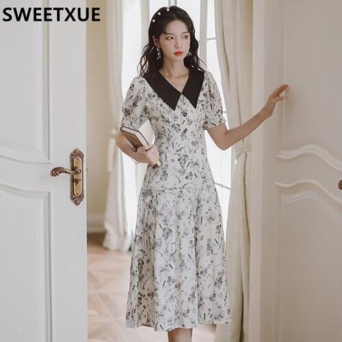 SWEETXUE French Ink Print Foral Pleated Dress Womens Summer 2021 Vintage Elegant Sweet Holiday Chic Dress Female Vestidos Mujer