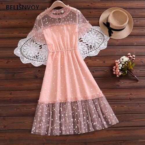 2021 Summer Women Preppy Style Feminine Dress Pink Green Dots Sequined Mesh Dress Flare Sleeve Ruffled Elegant Party Dress
