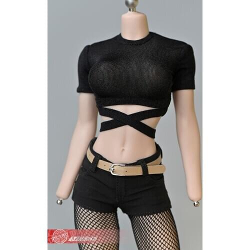 1/6 Female T-shirt Clothes Set with open waist tie Round neck short sleeve Fit 12" Female TBLeague Action Figure Dolls