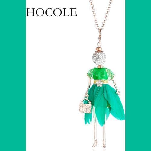 2018 Rhinestone Doll Necklace For Women Multicolored Feather Yarn Dress Girl Pendant Necklace Long Chain Statement Girls Jewelry