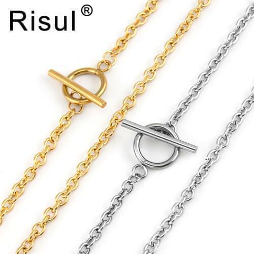 Risul Stainless steel 4mm width Rolo O gold color toggle clasp Chain women female Floating Locket cable necklace choker 5pcs