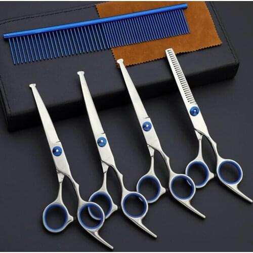 Safe Scissors Fish Mouth Blue Pet Scissor Set For Cat Dog Grooming Hairdressing Tools 6 Inch Straight Cut and Curved Scissor