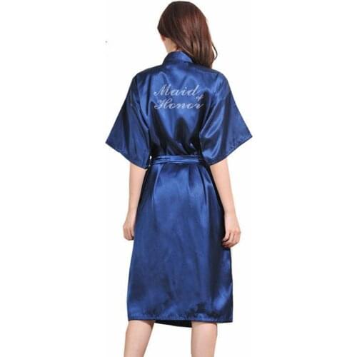 Diamond Dark Blue Women Wedding Bridesmaid Robe Print "Maid of Honour" Dressing Bathrobe Gonw Large Size Rayon Sexy Long Skirts