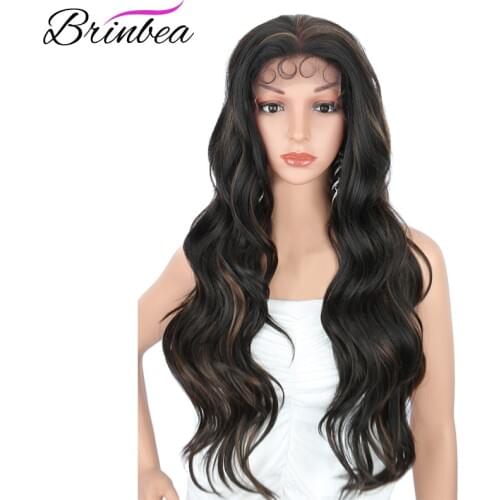 Brinbea 28Inches Ombre Long Golden Synthetic Wig Wavy Hair for White Women with Baby Hairs Curly Body Wavy Swiss Lace Front Wigs