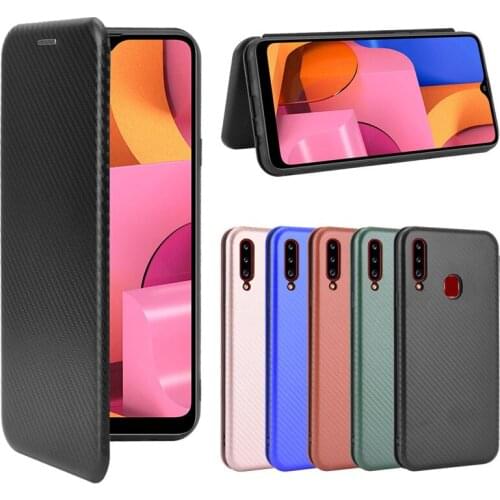 For Samsung Galaxy A20s Case 6.5" Fashion Carbon Fiber PC Hard Card Holder Slim Leather Case for Samsung A20s Wallet Flip Cover