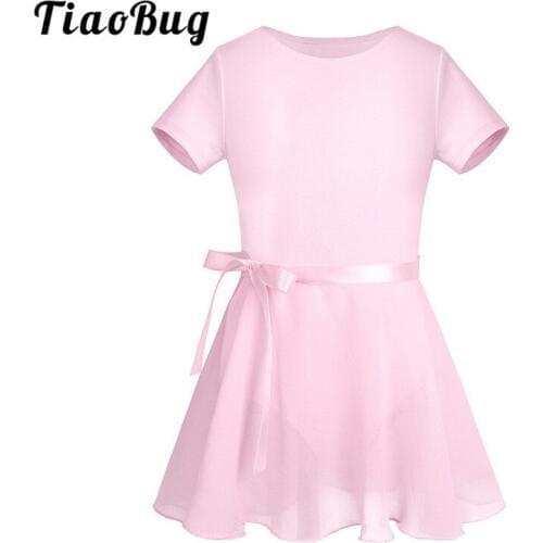 TiaoBug Kids Cotton Short Sleeve Ballet Gymnastics Leotard with Tutu Chiffon Dance Skirt Set Children Girls Stage Dance Costume