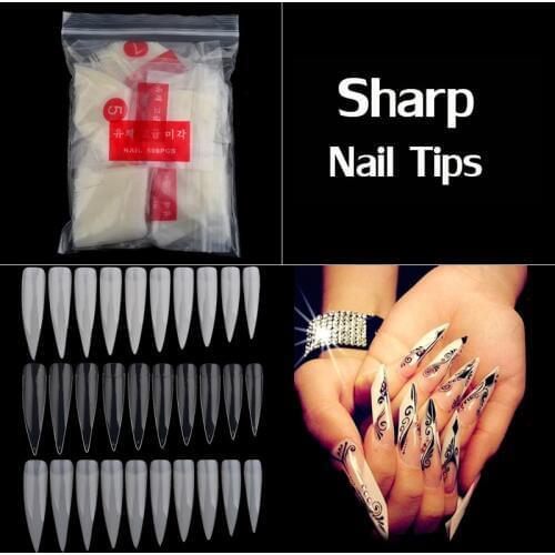 Long Sharp Stiletto False Acrylic Nail Art Tips Artificial Half Cover Fake Nails White/Natural/Transparent 3 Options 500pcs/pac