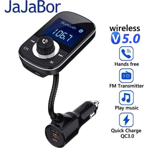 JaJaBor FM Transmitter Modulator Bluetooth 5.0 Carkit Handsfree AUX Audio Receiver Car MP3 Player QC3.0 Support TF Card Playback