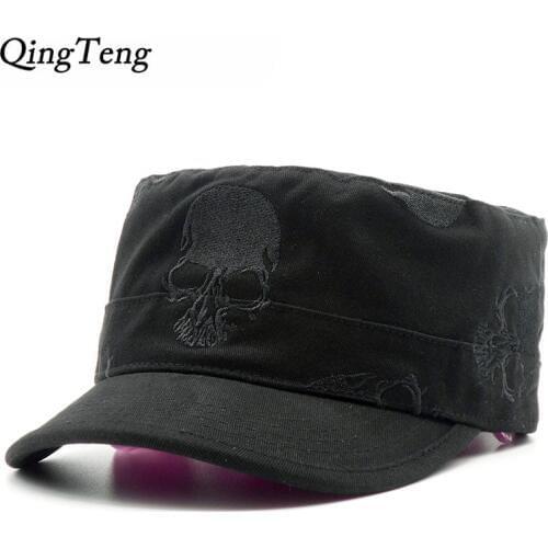High Quality Men Vintage Flat Top Caps Embroidery Skull Military Hats Luxury Casual Women Baseball Hat Cotton Black Army Cap