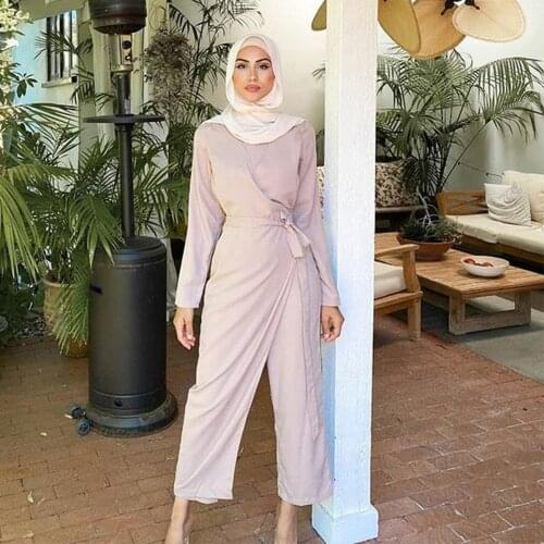 WEPBEL 2 Piece Sets Outfits Women Muslim Sets V-neck Stitching Long Tops High Waist Pants Sets Arab Dubai Muslim Suit