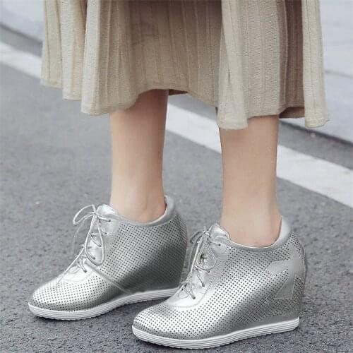 Fashion Sneakers Women Breathable Genuine Leather Wedges High Heel Ankle Boots Female Round Toe Platform Oxfords Casual Shoes