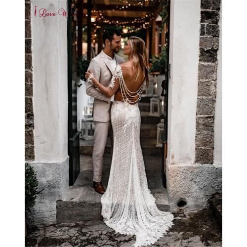 Luxury Sexy Backless Lace Appliques Mermaid Wedding Dresses 2021 Long Sleeves Beading V Neck Beach Bride Gowns Vestido De Noiva