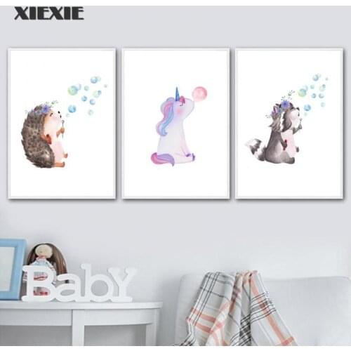 Fox Rabbit Hedgehog Raccoon Bubble Canvas Painting Nordic Posters and Prints Wall Art Cartoon Wall Pictures for Kids Room Decor