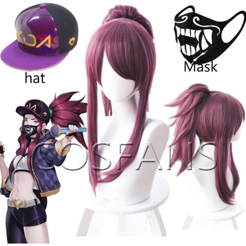 LOL KDA Akali The Rogue Assassin Akali Mixed Purple Ponytail Clip Heat Resistant Hair Halloween Cosplay Costume Wig Hats masks