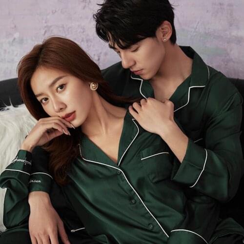 Lovers Simple Style Turn-Down Collar Pajamas Set Men Women Couples Full Sleeve+Pants 2Pcs Silk Satin Sleepwear For Spring & Fall