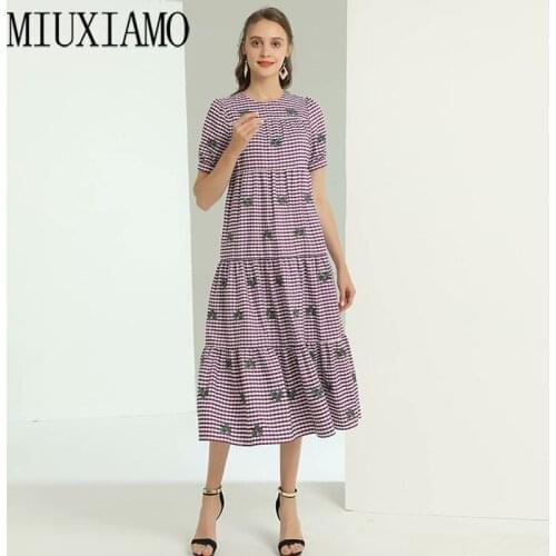 MIUXIMAO Luxurious 2020 Summer Dress Women Flower Embroidery Dress Solid Slim Office Lady Casual Cotton Dress Women Vestidos