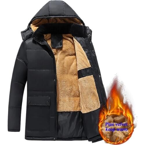Mens Cotton Papa Winter Jacket Plus Velvet Thick Down Jacket Cotton Winter Black Middle-aged Long Jacket Warm Windbreaker Coats