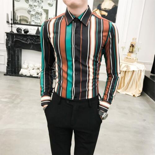 Men shirt stripe New England print autumn shirt young men hair stylist slim 304B-11151.P55