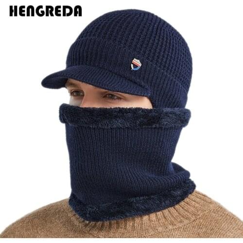 Men Winter Hat with Brim & Ear Cap Thick Fleece Lined Scart Set 2021 Neck Warmer Skullies Beanies Boy Male Balaclava Ski Bonnet
