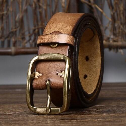 Thick Cowhide Belt Mens Pure Copper Buckle Top Cowhide All-match Casual Jeans Belt High Quality Retro Luxury Men Belt