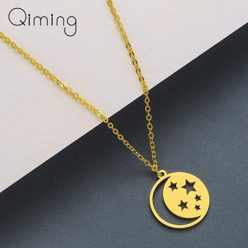 Round Crescent Moon Star Necklace Gold Chain Fashion Jewelry Round Womens Necklaces Birthday Gift Dropship