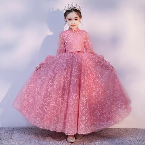 Flower Girl Dresses Illusion Embroidery Pearls Princess Full Luxury Pink Bow Floor-Length Tulle Lace High Kids Party Gown H217