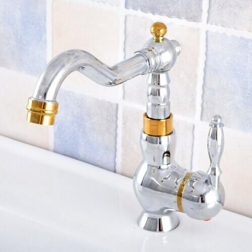 Polished Chrome & Gold Color Brass Swivel Single Handle Kitchen Wet Bar Bathroom Vessel Sink Faucet Mixer Tap One Hole asf807