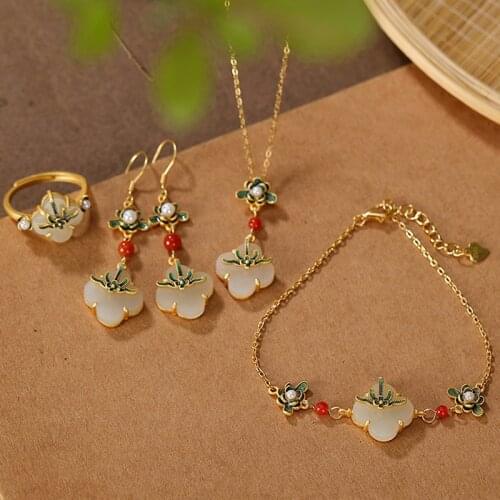 Baifuming s925 sterling silver gold-plated cloisonne Hetian Jade Chinese style earrings rings pendants suit