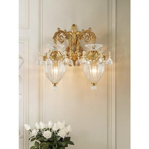 French luxury bedroom bedside background wall lamp European living room TV wall stair aisle all copper crystal wall lamp